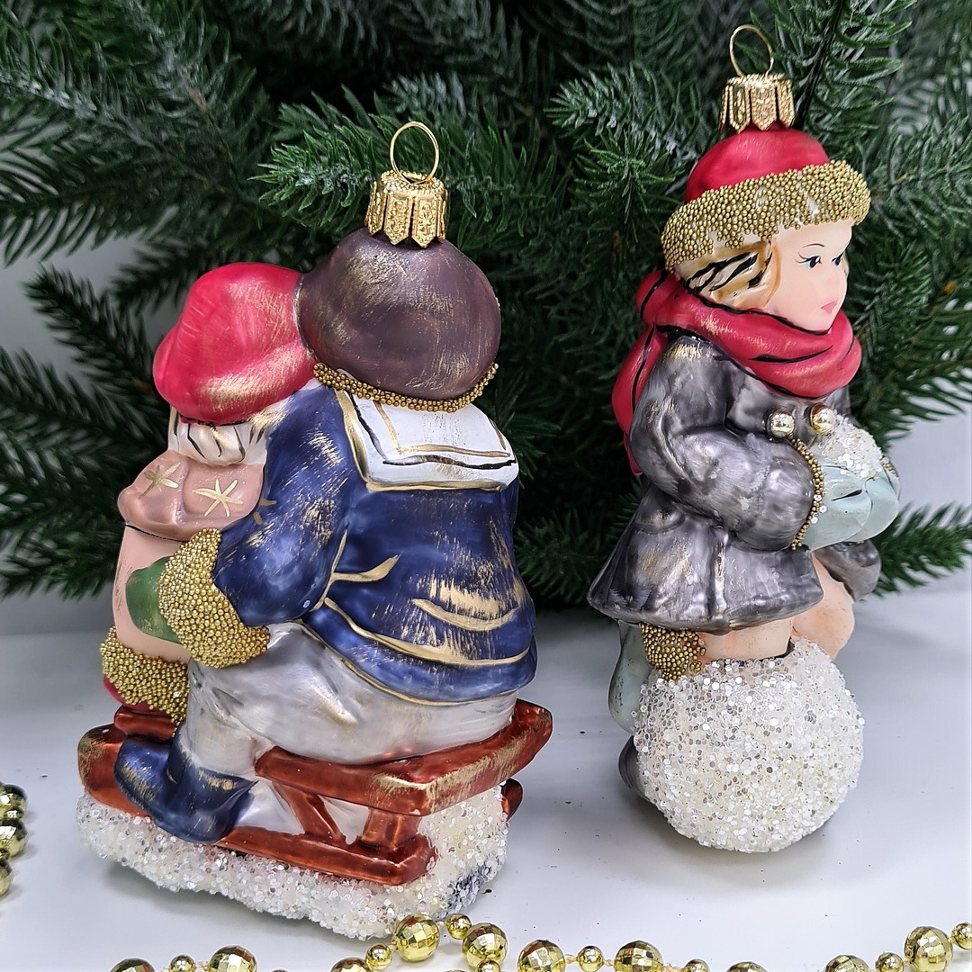 фото Набор ёлочных игрушек Дети на санях и девочка со снежком винтаж