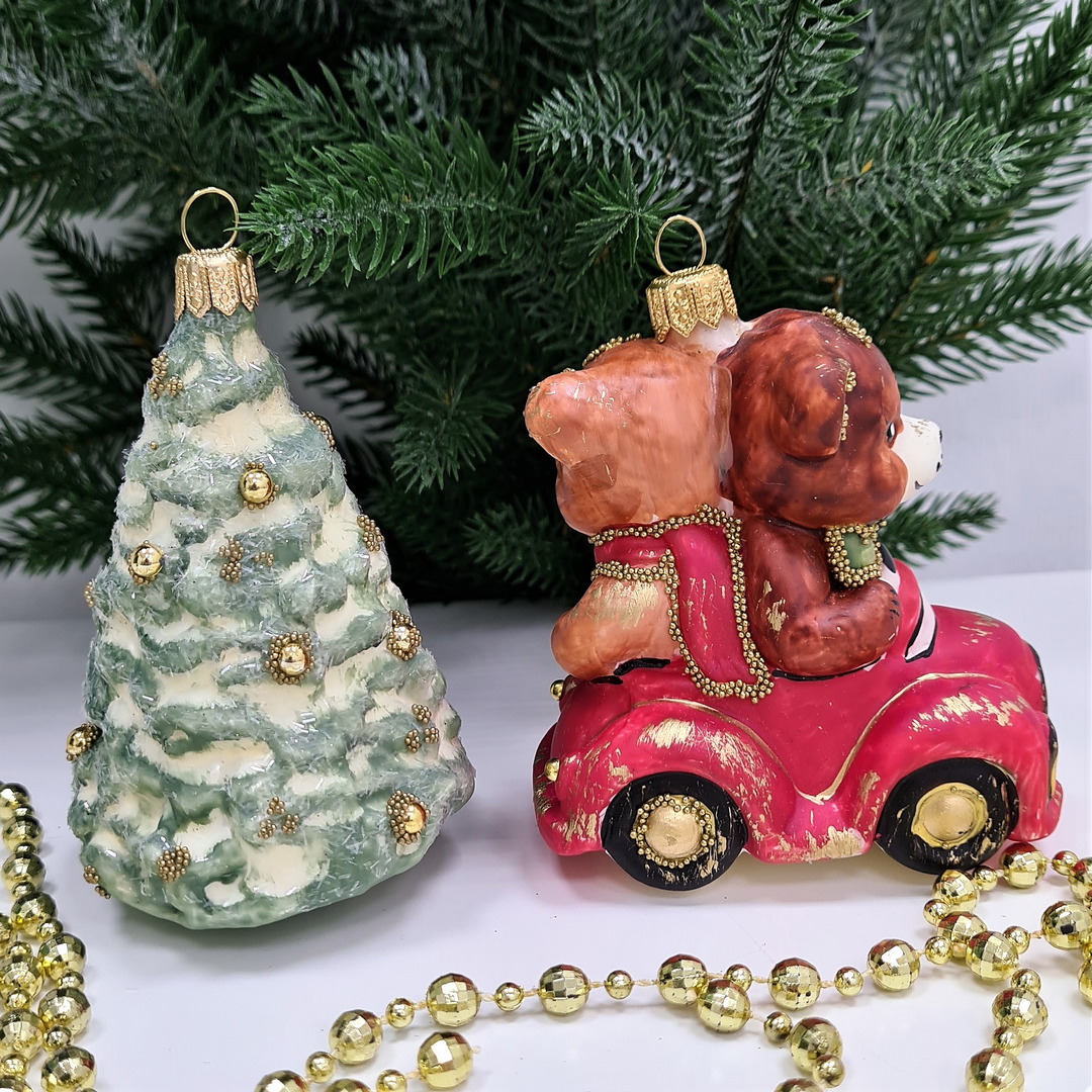 фото Набор ёлочных игрушек Мишки на машине и елка Винтаж