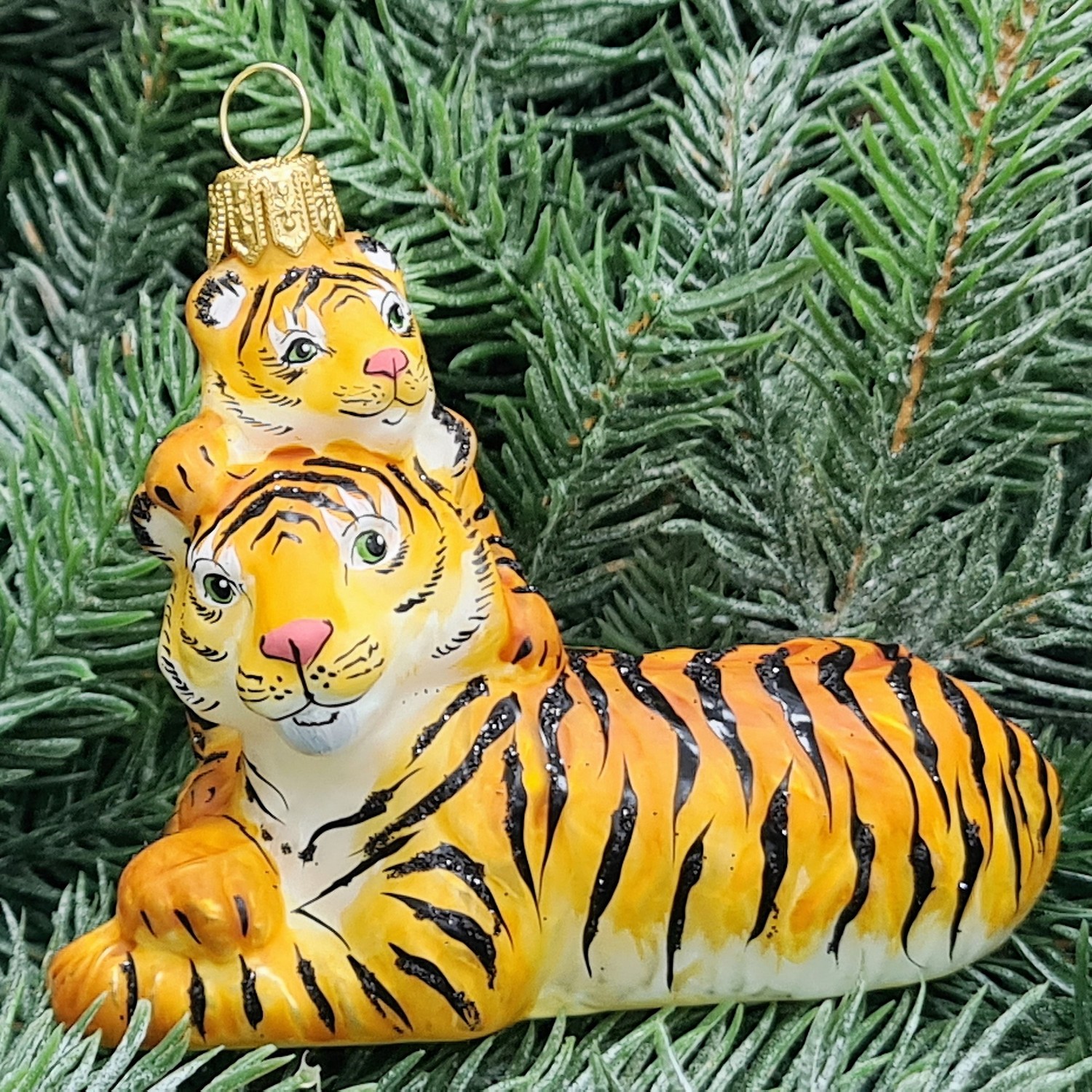фото Стеклянная елочная игрушка Тигрица с тигренком малая