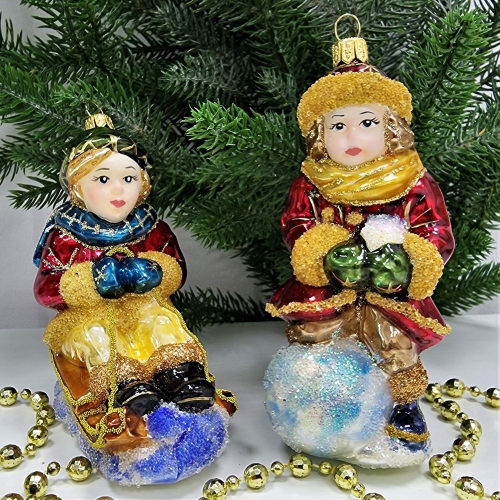 фото Набор ёлочных игрушек Девочка со снежком и мальчик на санях эмаль