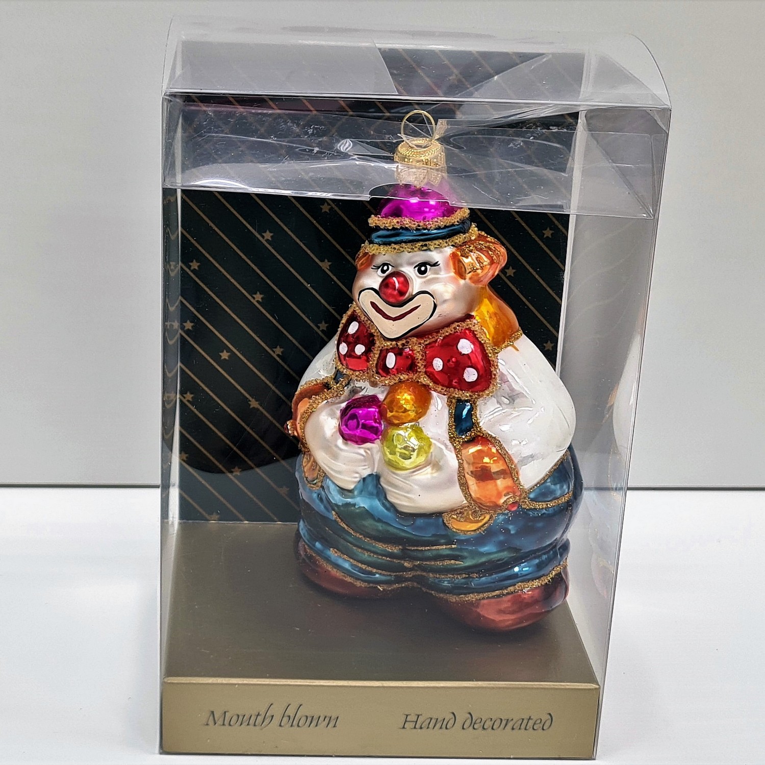 фото Стеклянная елочная игрушка Клоун с шариками