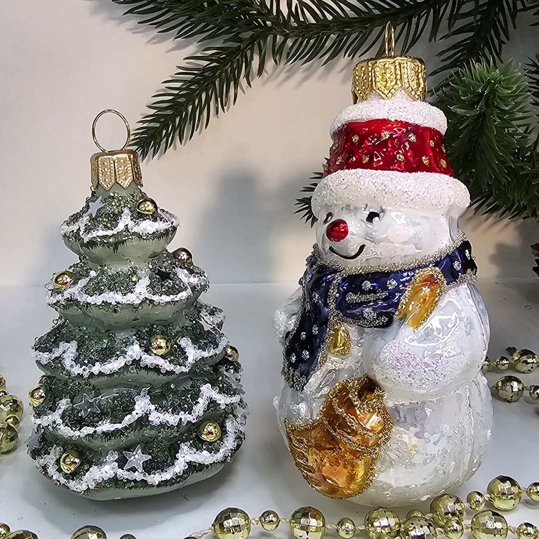 фото Набор стеклянных ёлочных игрушек Irena-Co Снеговик с метлой и елочка