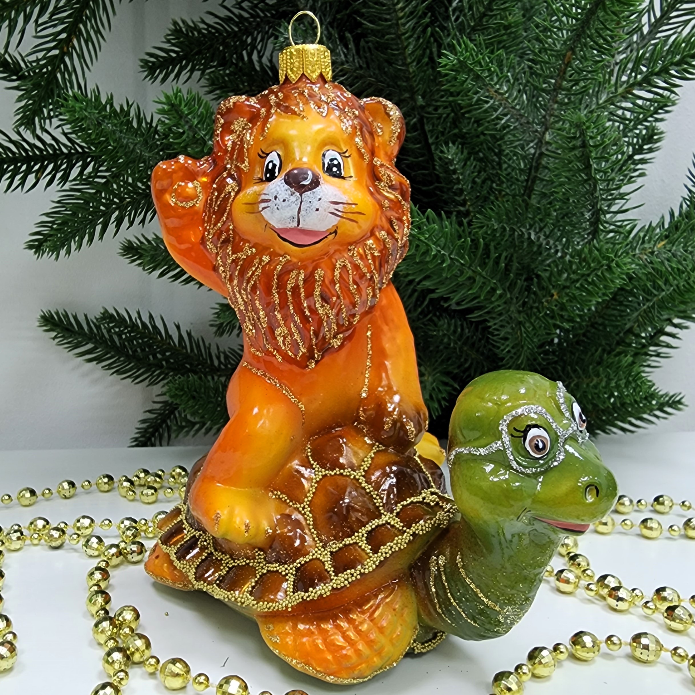 фото Стеклянная елочная игрушка Лев с черепахой