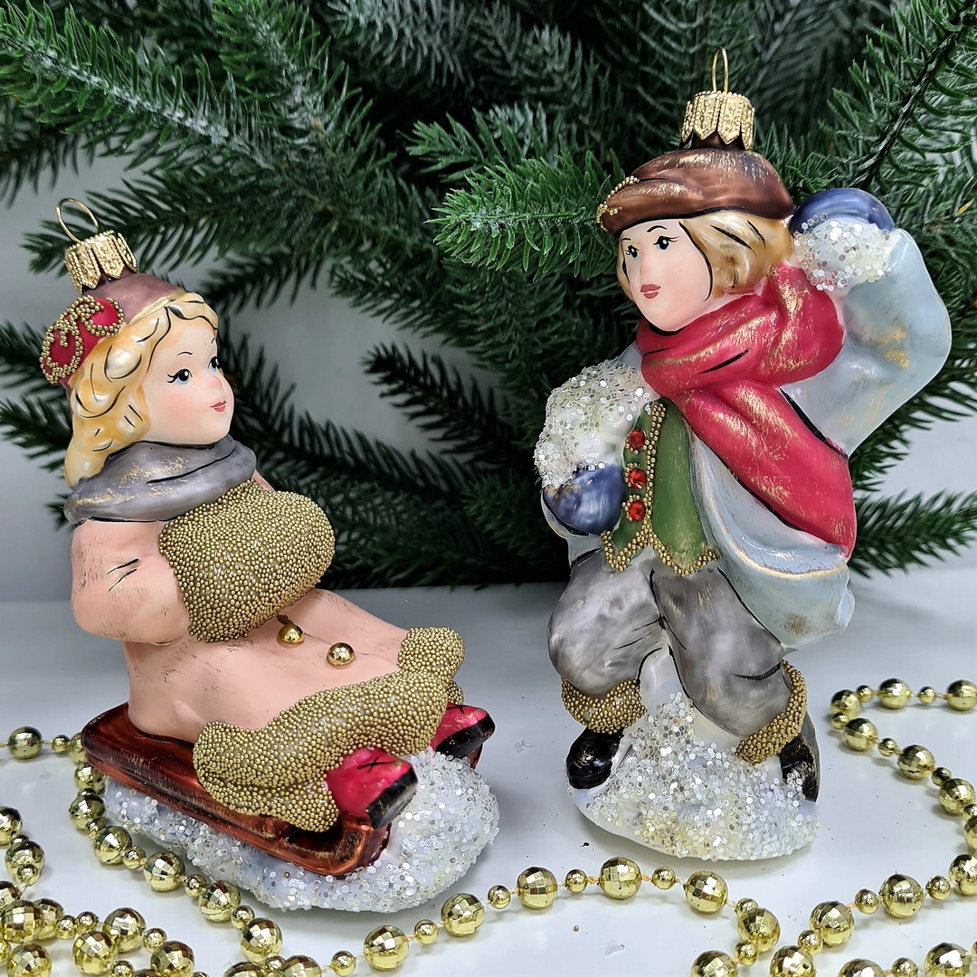 фото Набор ёлочных игрушек Девочка на санях и мальчик со снежком винтаж