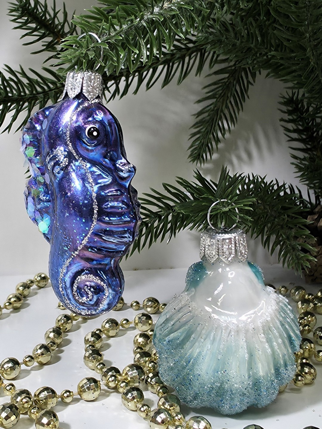 фото Набор ёлочных игрушек Морской конек и ракушка