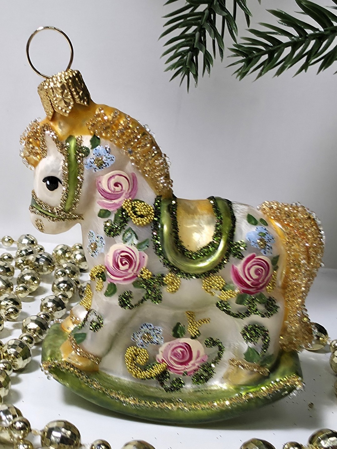 фото Стеклянная елочная игрушка Лошадка качалка Версаль