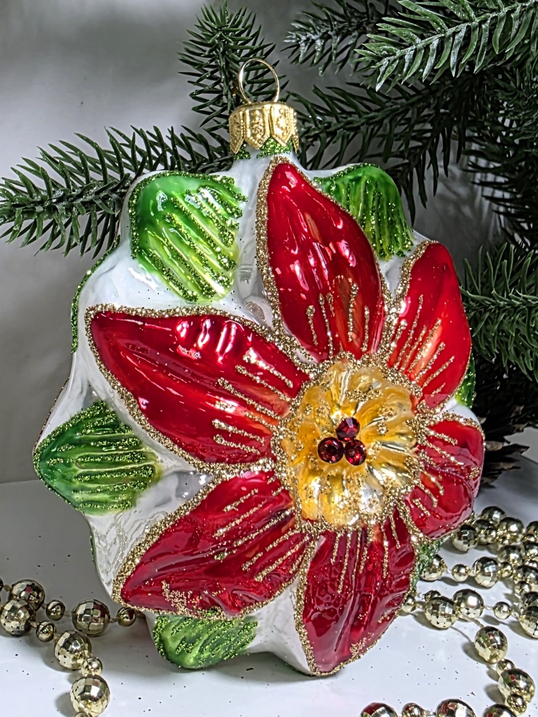 фото Стеклянная елочная игрушка Пуансетия