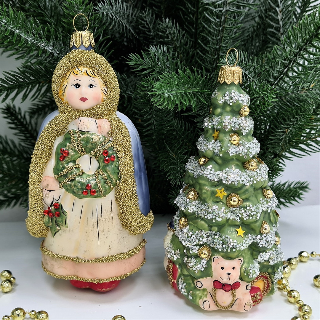 фото Набор ёлочных игрушек Девочка с веночком и елка винтаж
