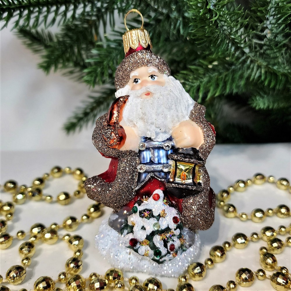 фото Стеклянная елочная игрушка Дед Мороз с фонарем царский