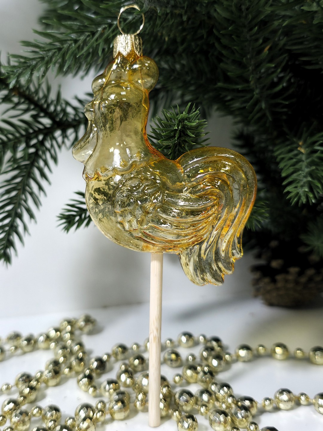 фото Стеклянная елочная игрушка Петушок на палочке