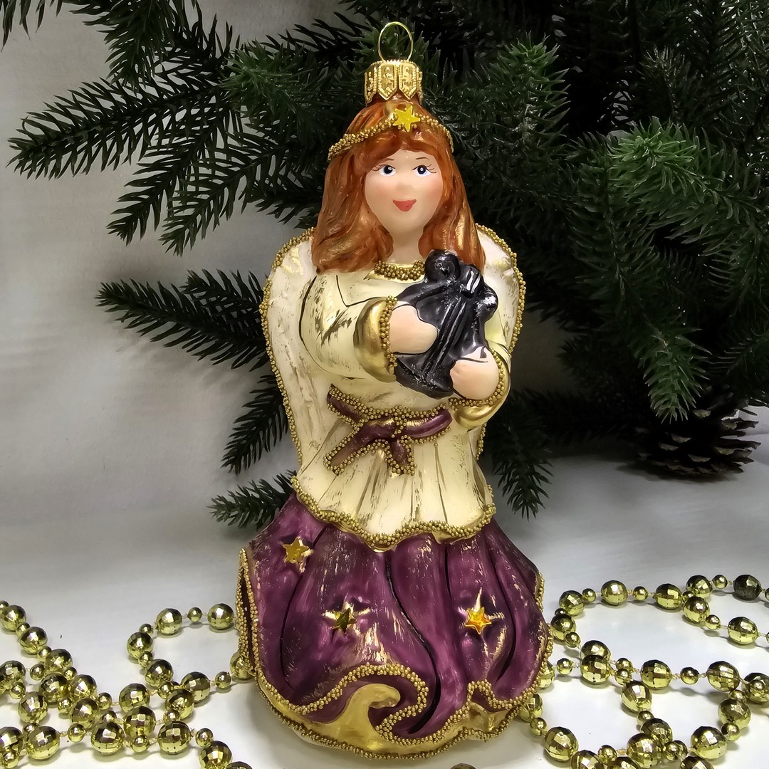 фото Стеклянная елочная игрушка Ангел с арфой винтаж