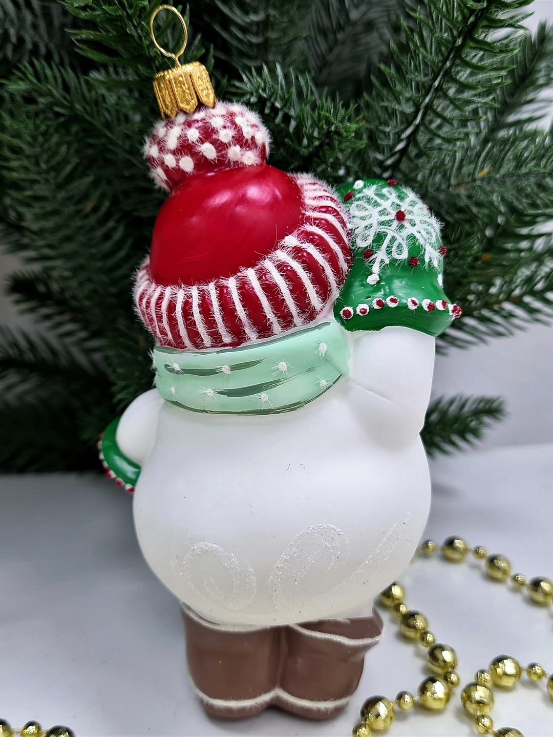 фото Стеклянная елочная игрушка Снеговик с часиками