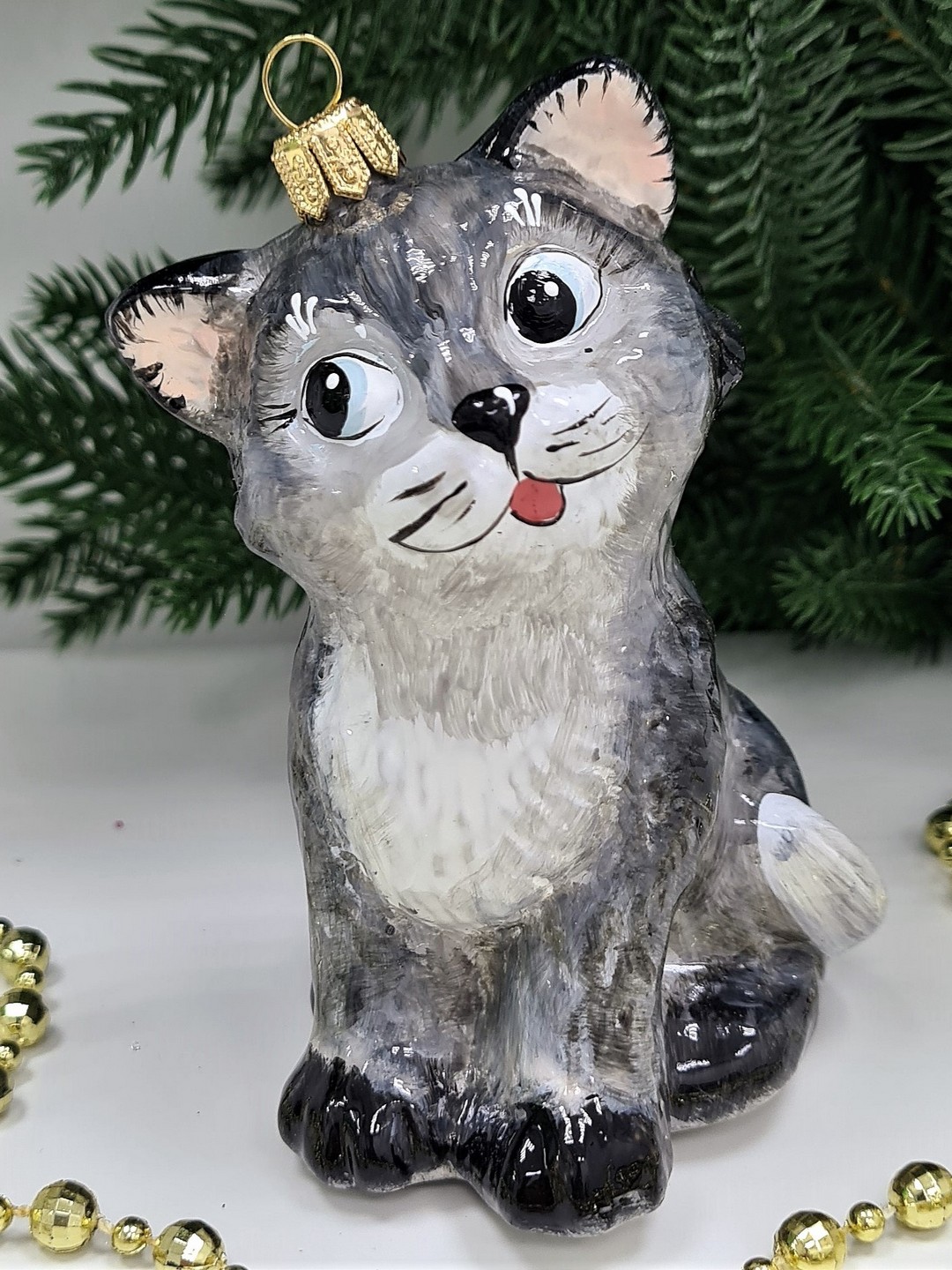 фото Стеклянная елочная игрушка Серый котик