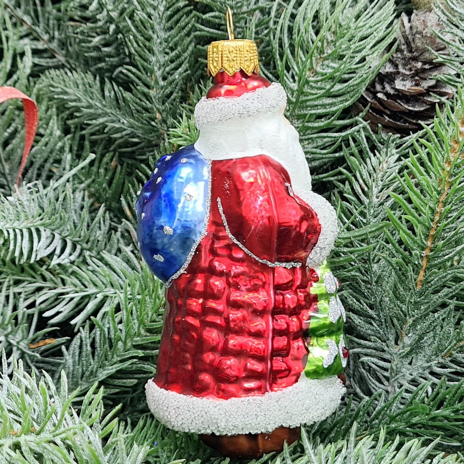 фото Стеклянная елочная игрушка Дед Мороз с елкой малый