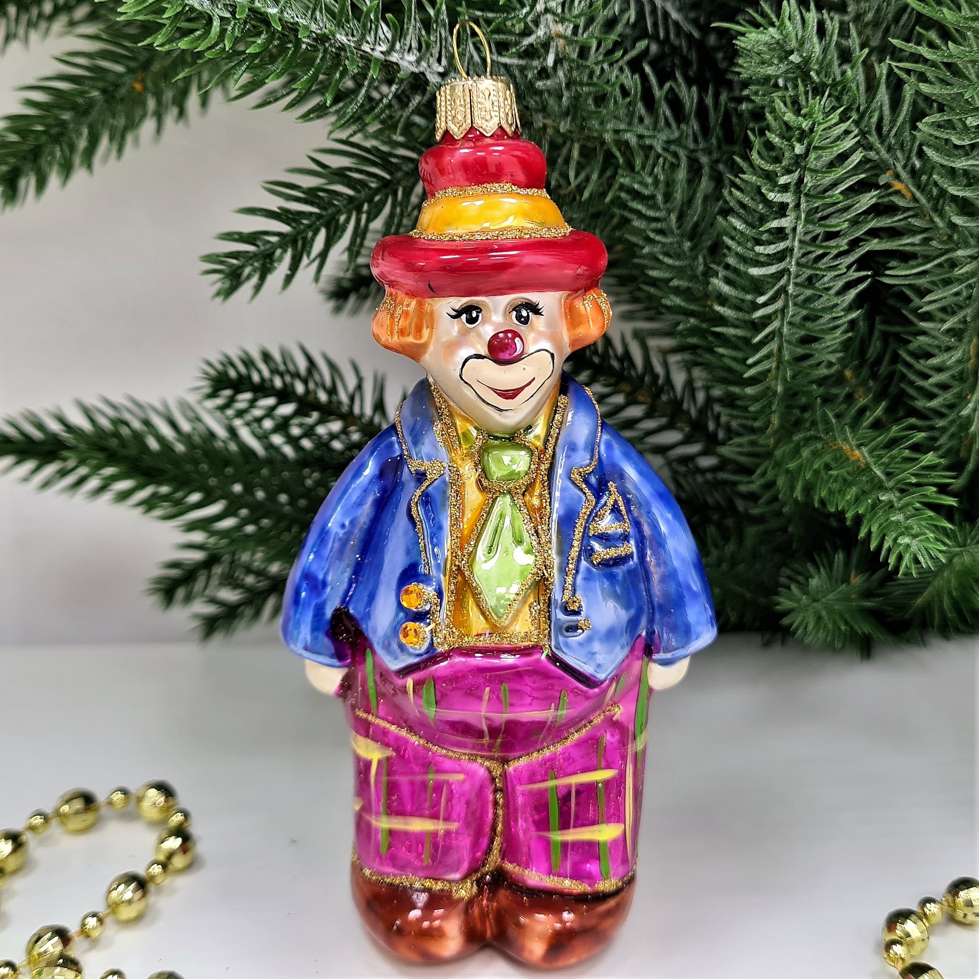 фото Стеклянная елочная игрушка Клоун в галстуке