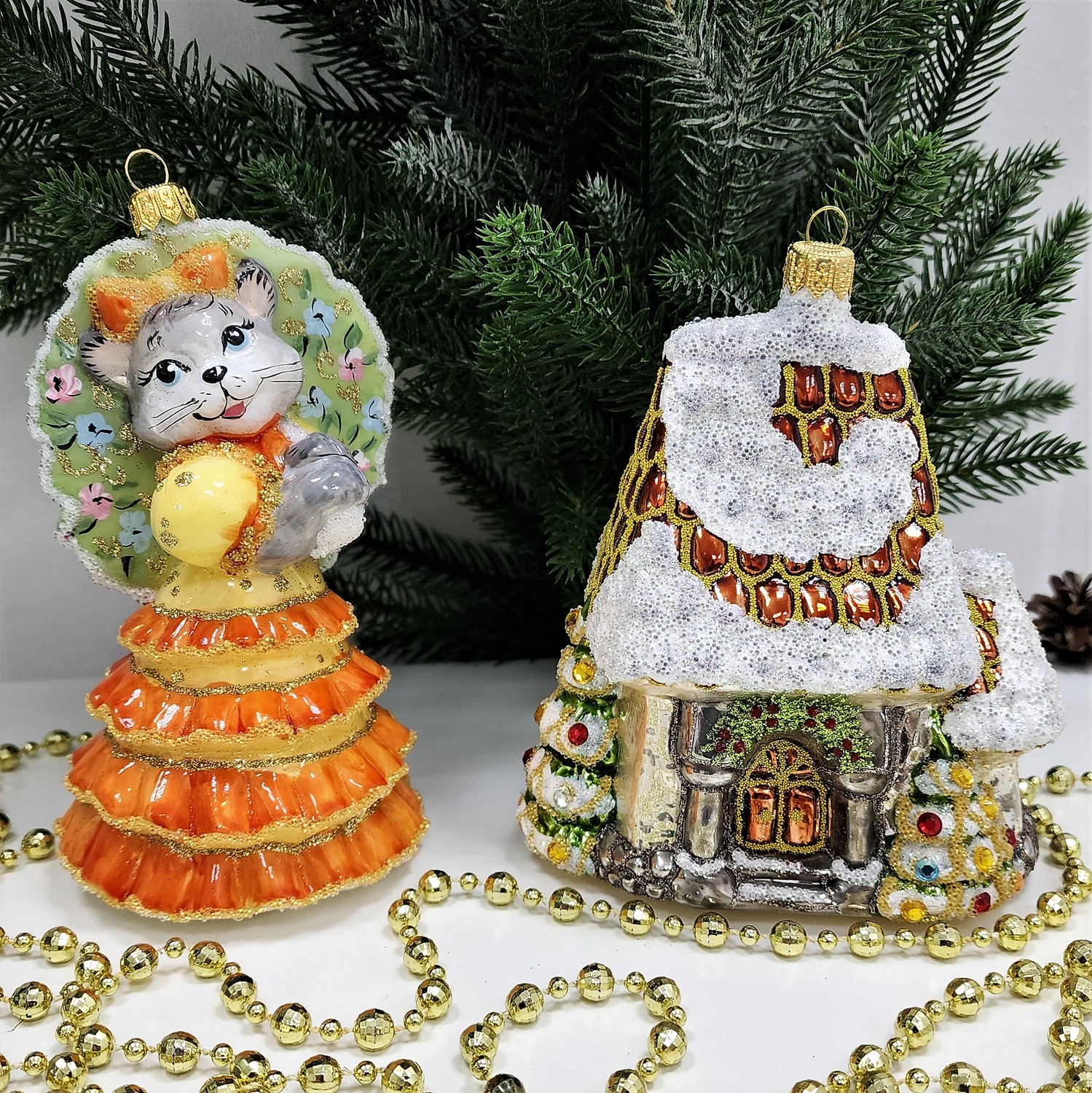 фото Набор ёлочных игрушек Домик и кошка с зонтиком оранж (Кошкин дом)