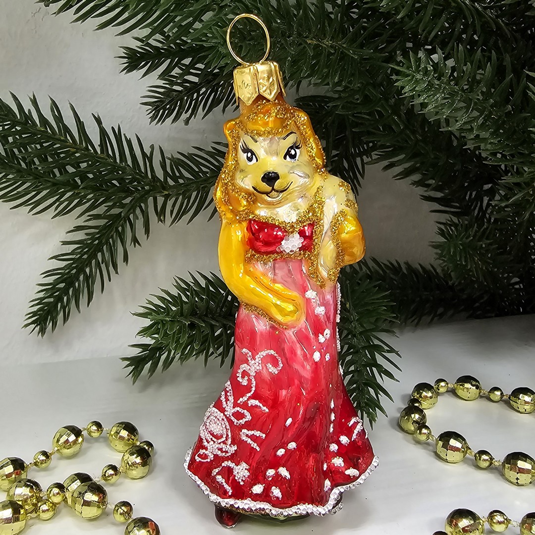 фото Стеклянная елочная игрушка Лиса в платье малая