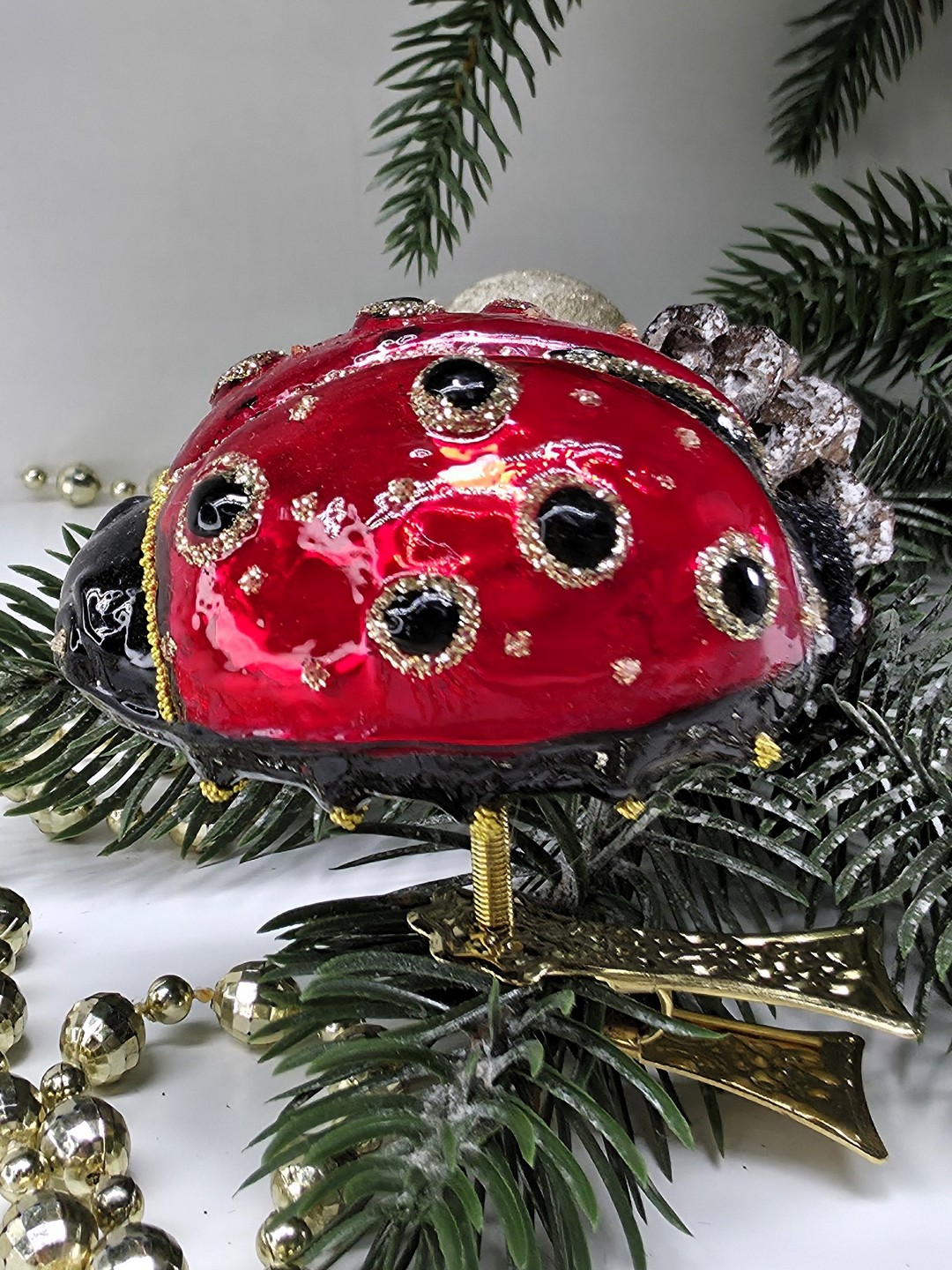 фото Стеклянная ёлочная игрушка Irena-Co божья коровка на прищепке