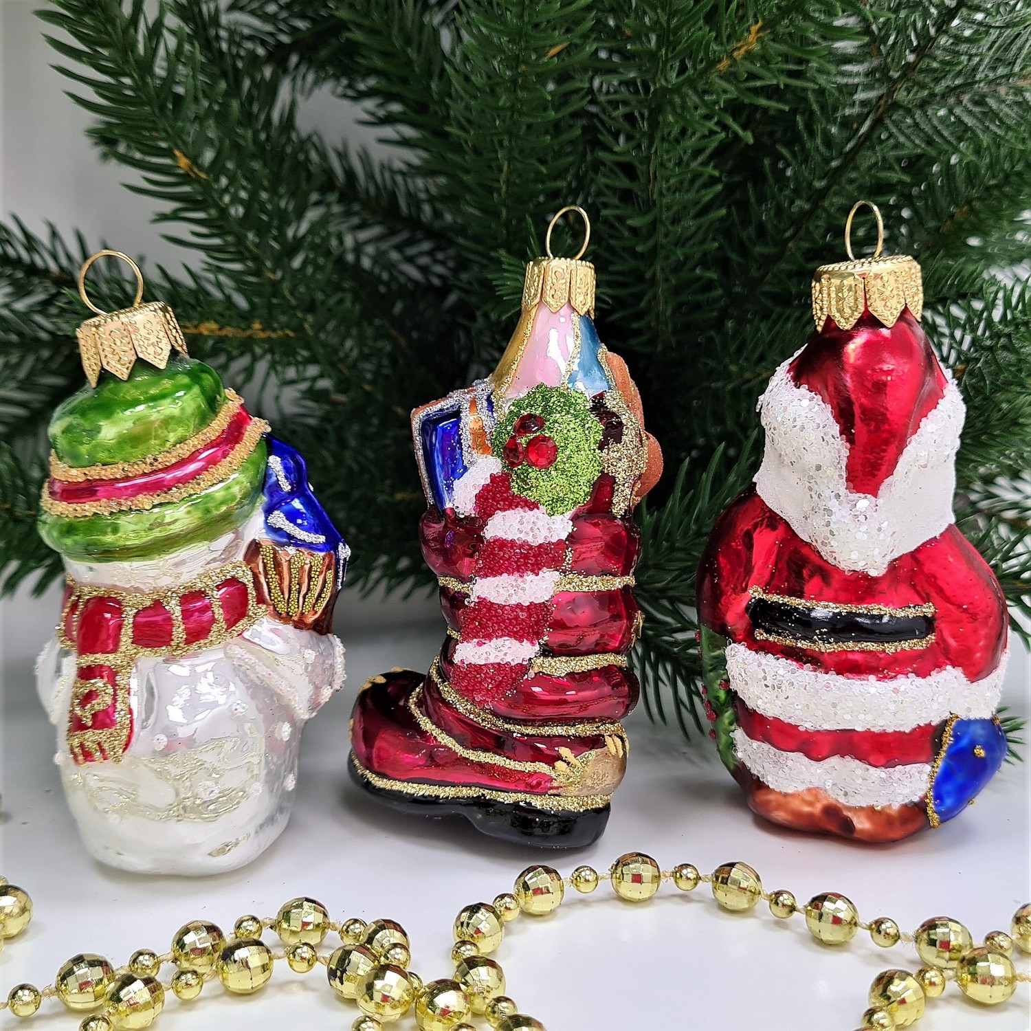 фото Набор ёлочных игрушек Дед Мороз, снеговик и ботинок с подарками