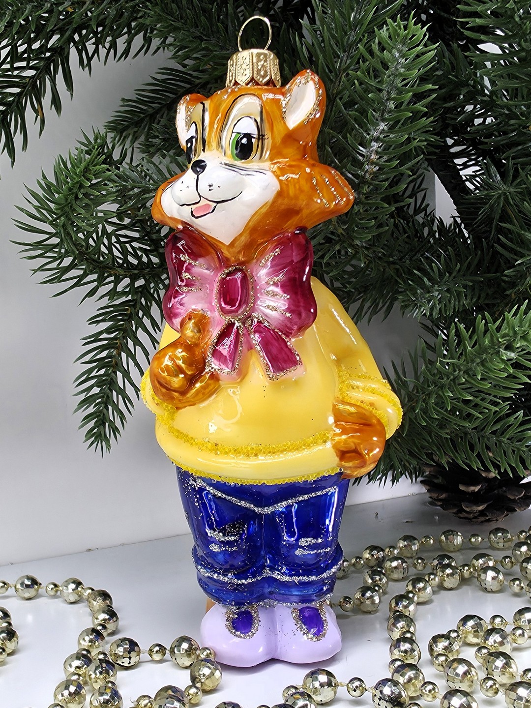 фото Стеклянная елочная игрушка Кот с бантом