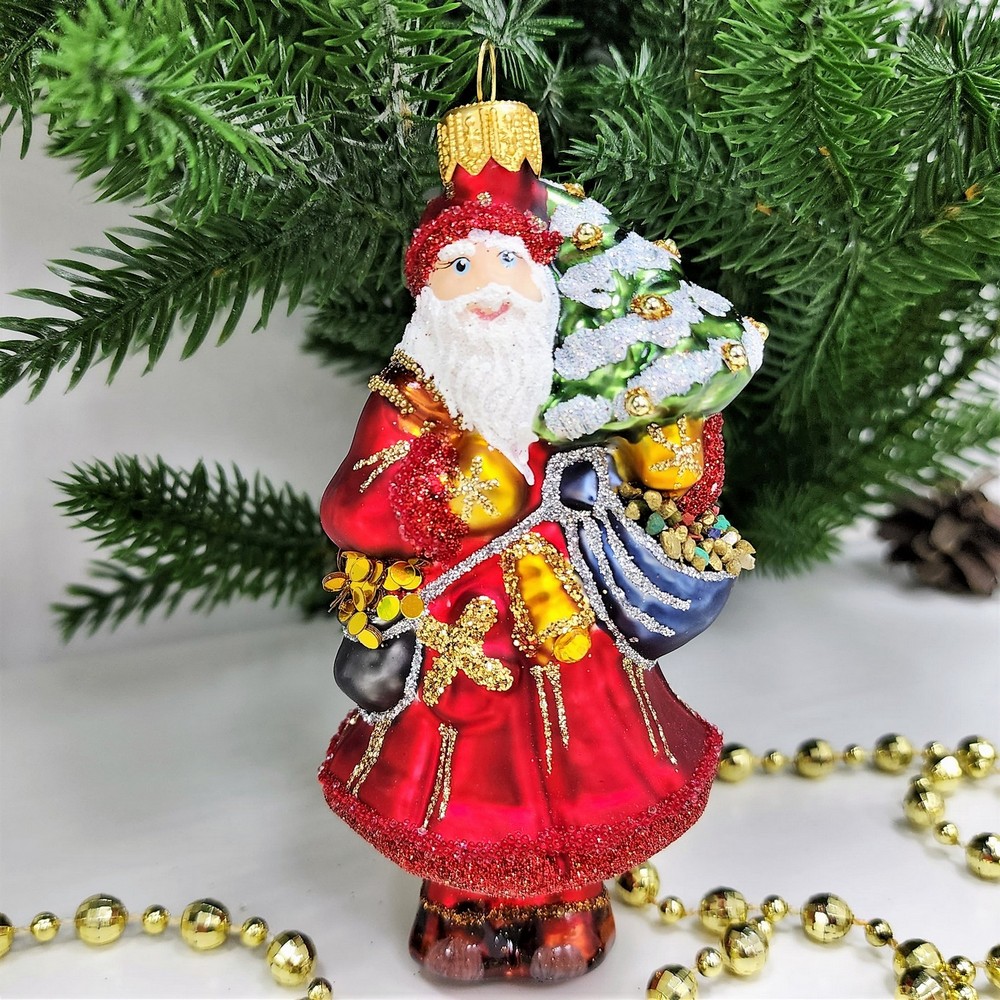 фото Стеклянная елочная игрушка Дед Мороз с елкой царский