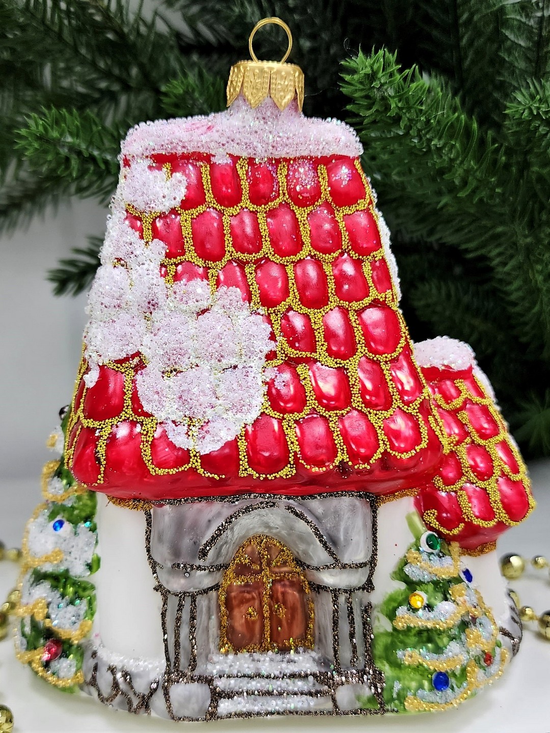 фото Стеклянная елочная игрушка Домик Мельница