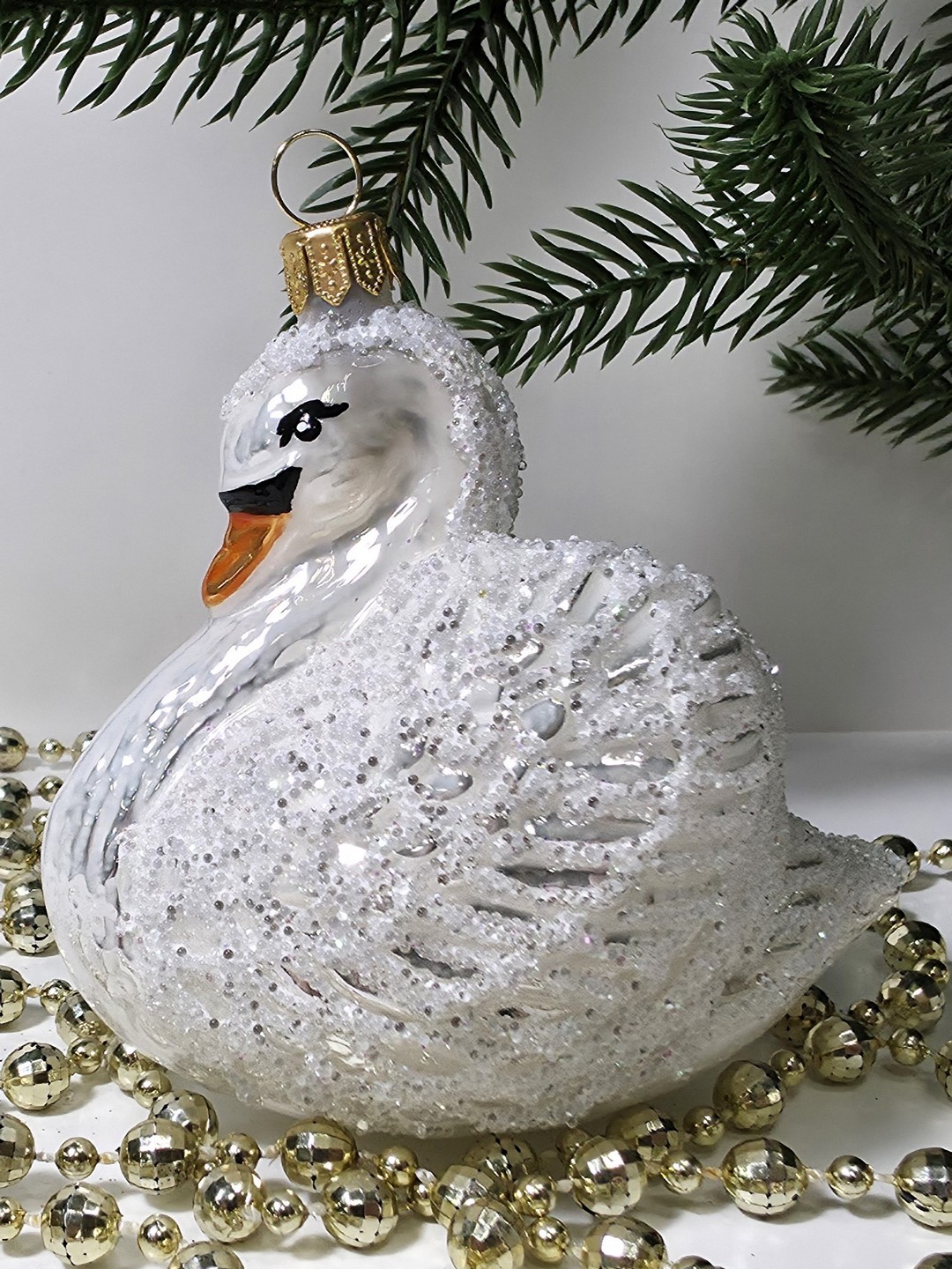 фото Стеклянная елочная игрушка Лебедь белый