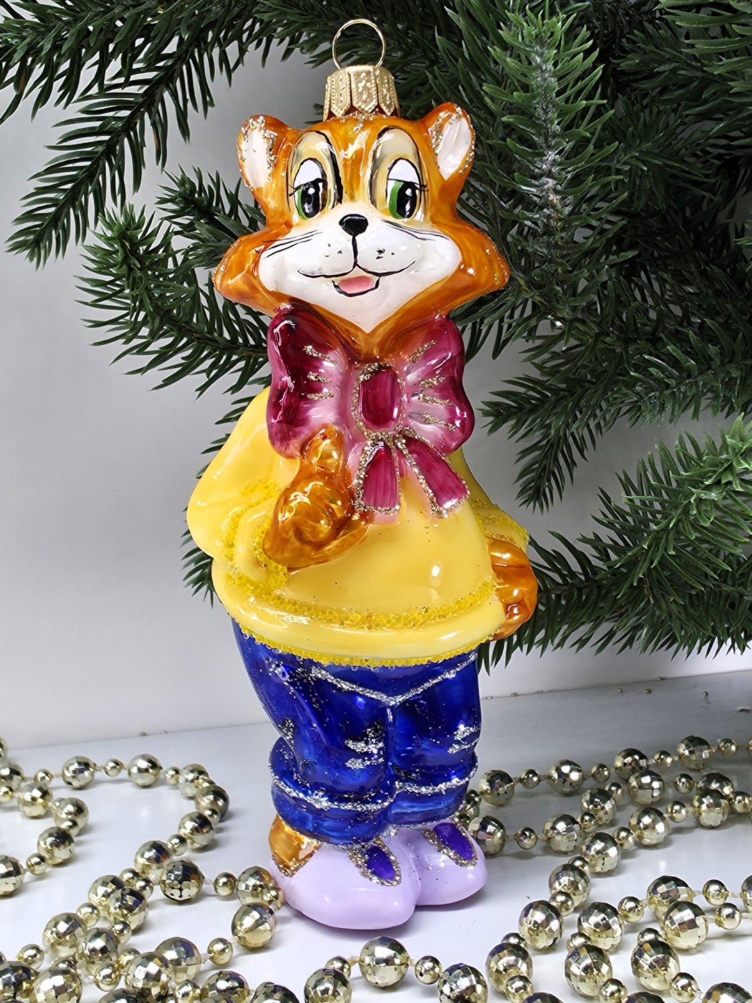фото Стеклянная елочная игрушка Кот с бантом