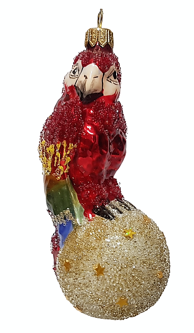 фото Стеклянная елочная игрушка Попугай на шаре красный