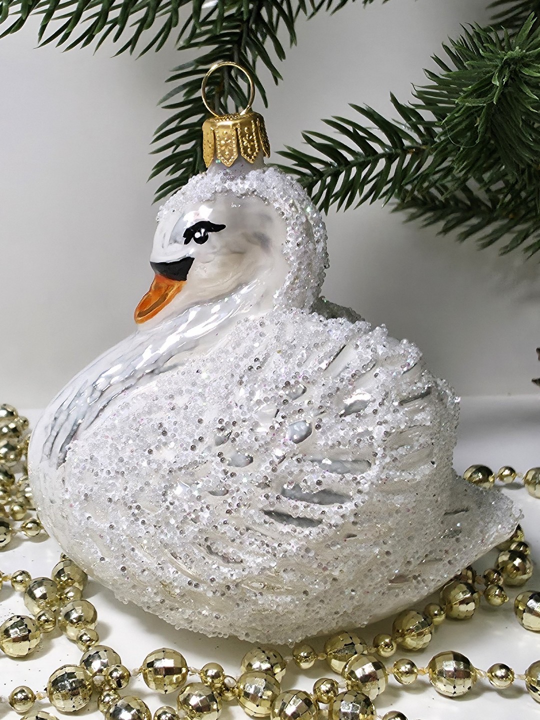 фото Стеклянная елочная игрушка Лебедь белый