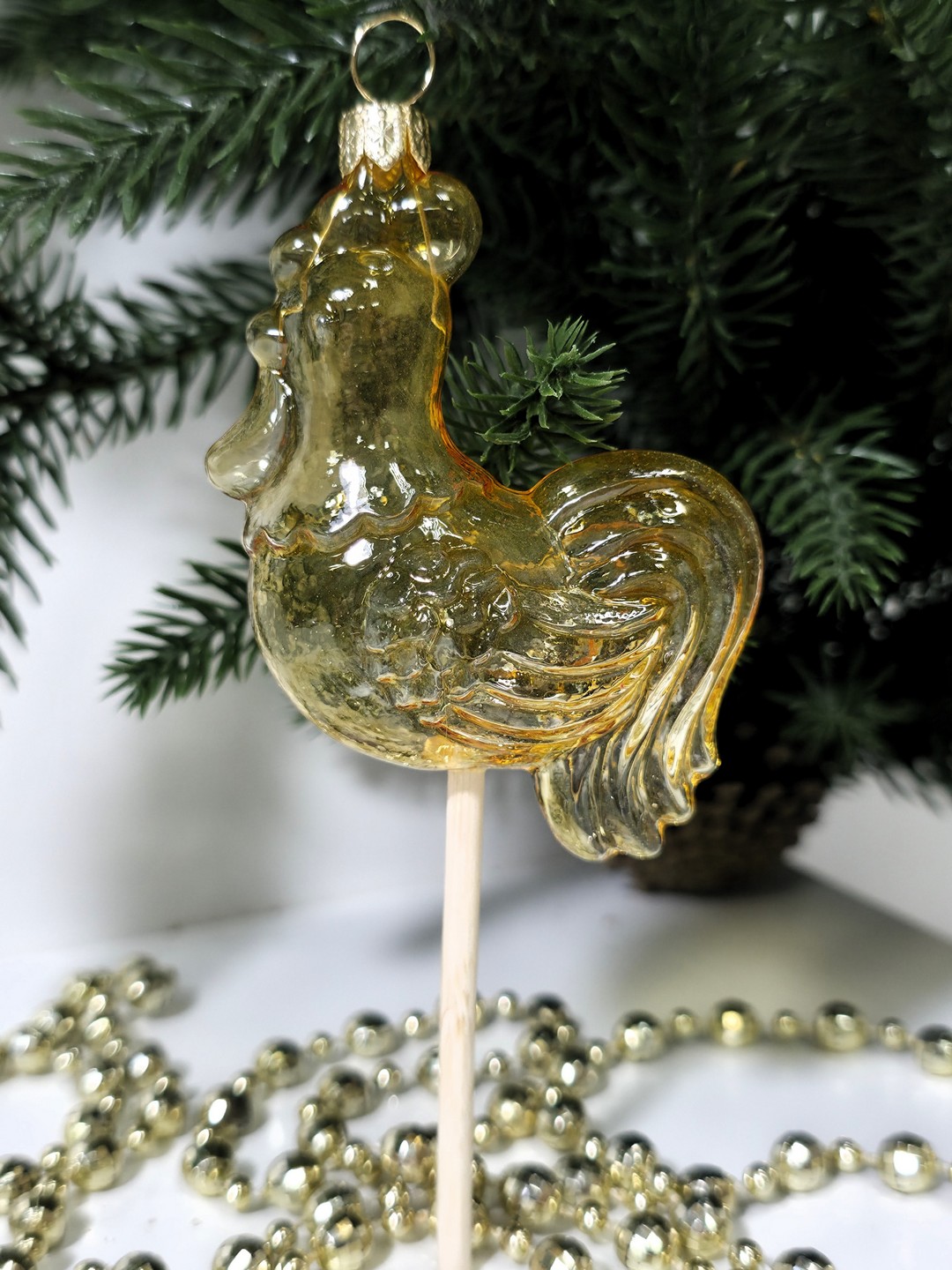 фото Стеклянная елочная игрушка Петушок на палочке