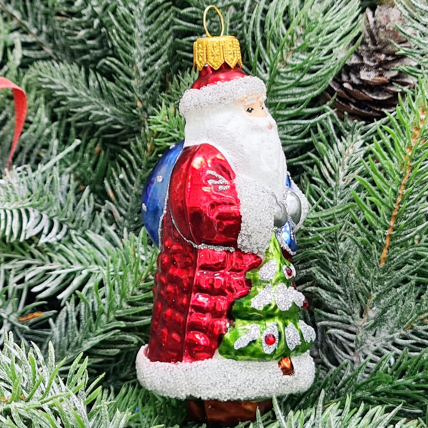 фото Стеклянная елочная игрушка Дед Мороз с елкой малый