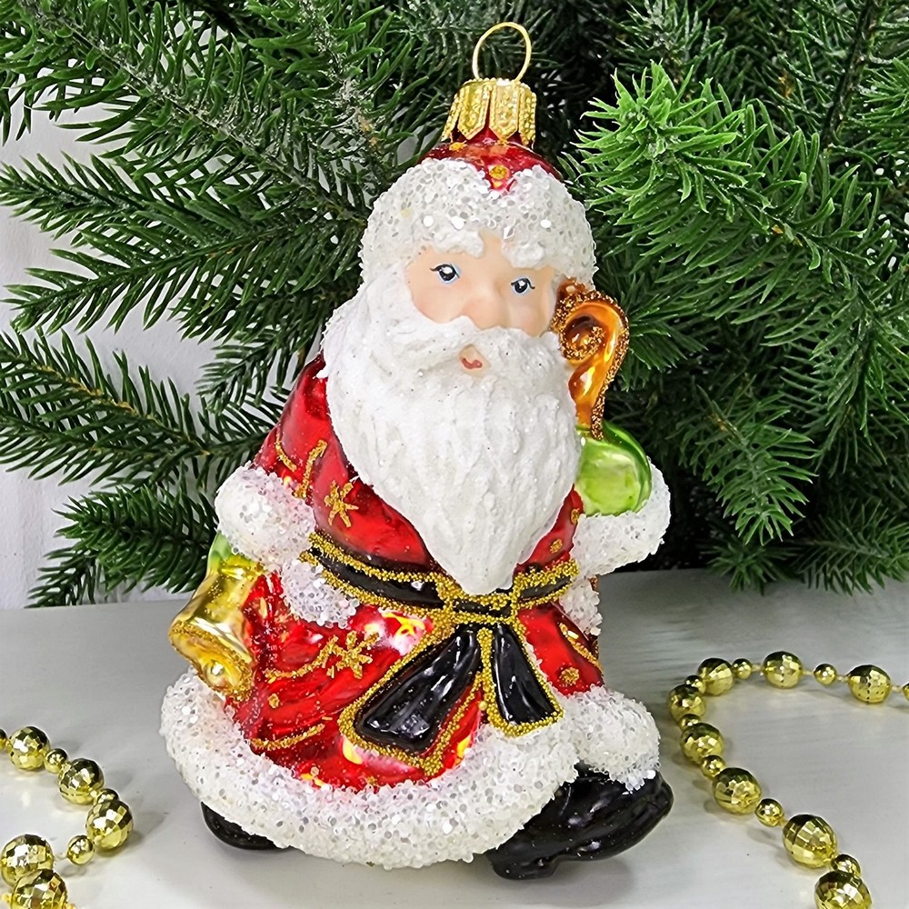 фото Стеклянная елочная игрушка Дед Мороз с колокольчиком