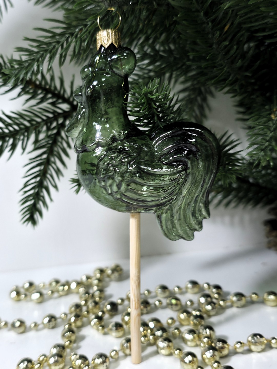 фото Стеклянная елочная игрушка Петушок на палочке