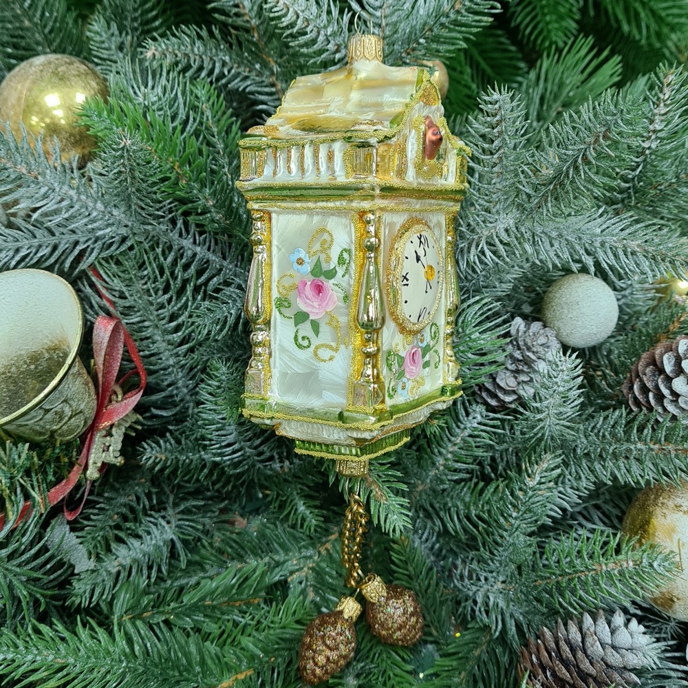 фото Стеклянная елочная игрушка Часы с кукушкой большие Версаль