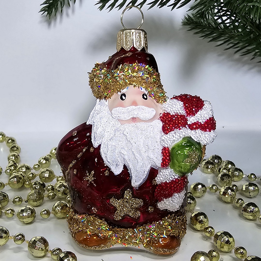 фото Стеклянная елочная игрушка Irena-Co Санта с посохом (8,5х5,5х4)