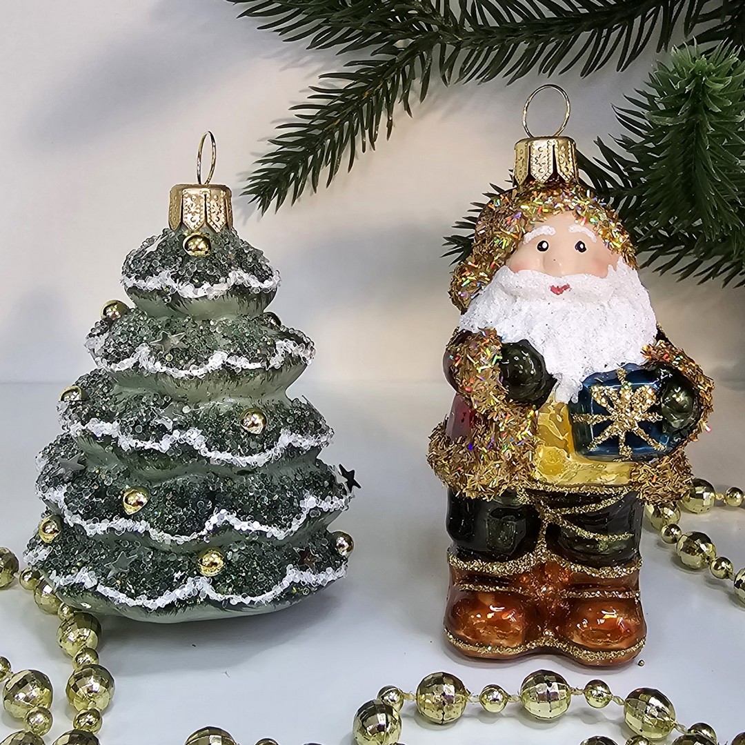 фото Набор стеклянных ёлочных игрушек Irena-Co Дед Мороз и елочка