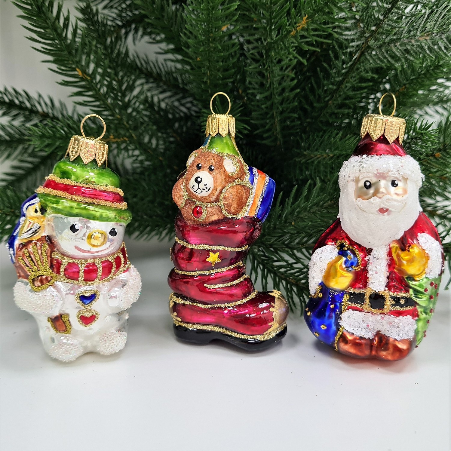 фото Набор ёлочных игрушек Дед Мороз, снеговик и ботинок с подарками