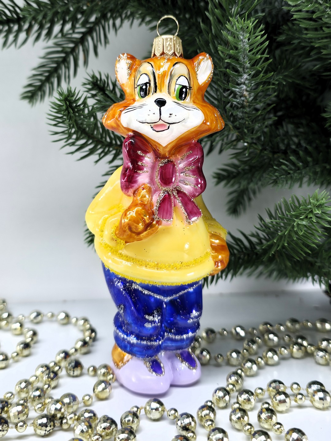 фото Стеклянная елочная игрушка Кот с бантом