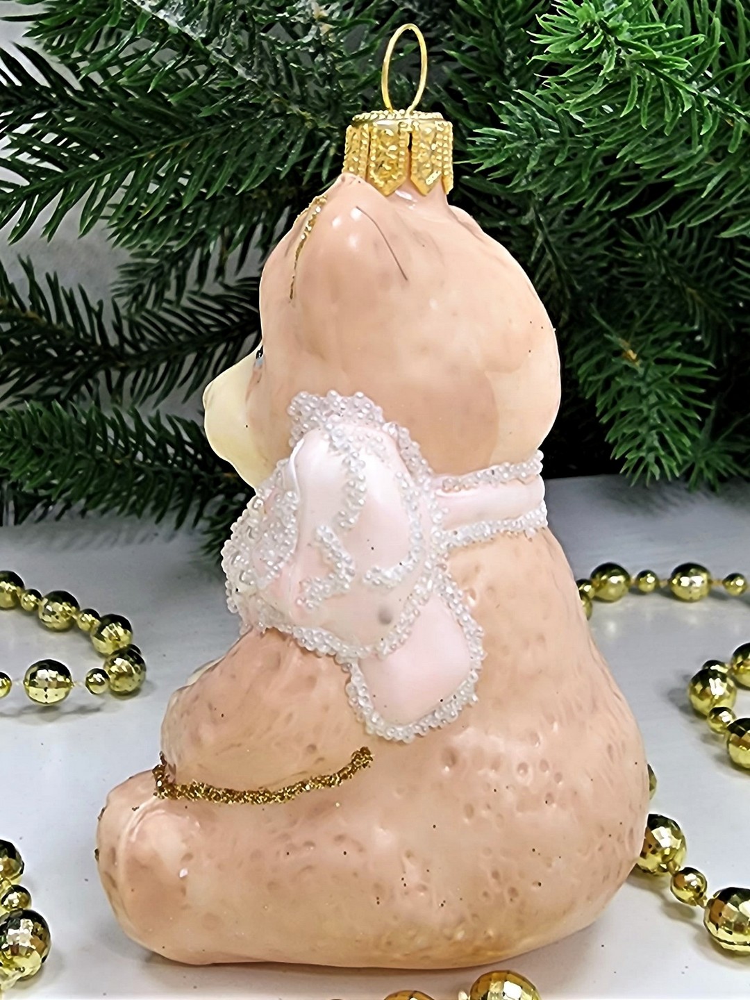 фото Стеклянная елочная игрушка Мишка с подарками детский