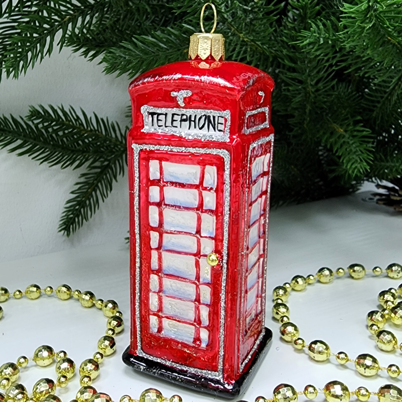 фото Стеклянная елочная игрушка Телефонная будка