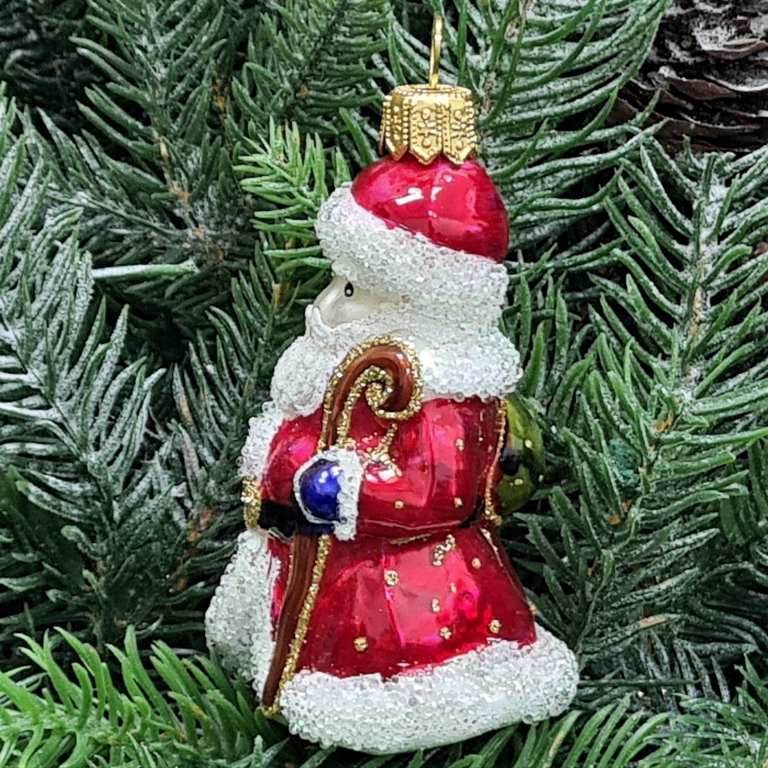 фото Стеклянная елочная игрушка Дед Мороз красный малый