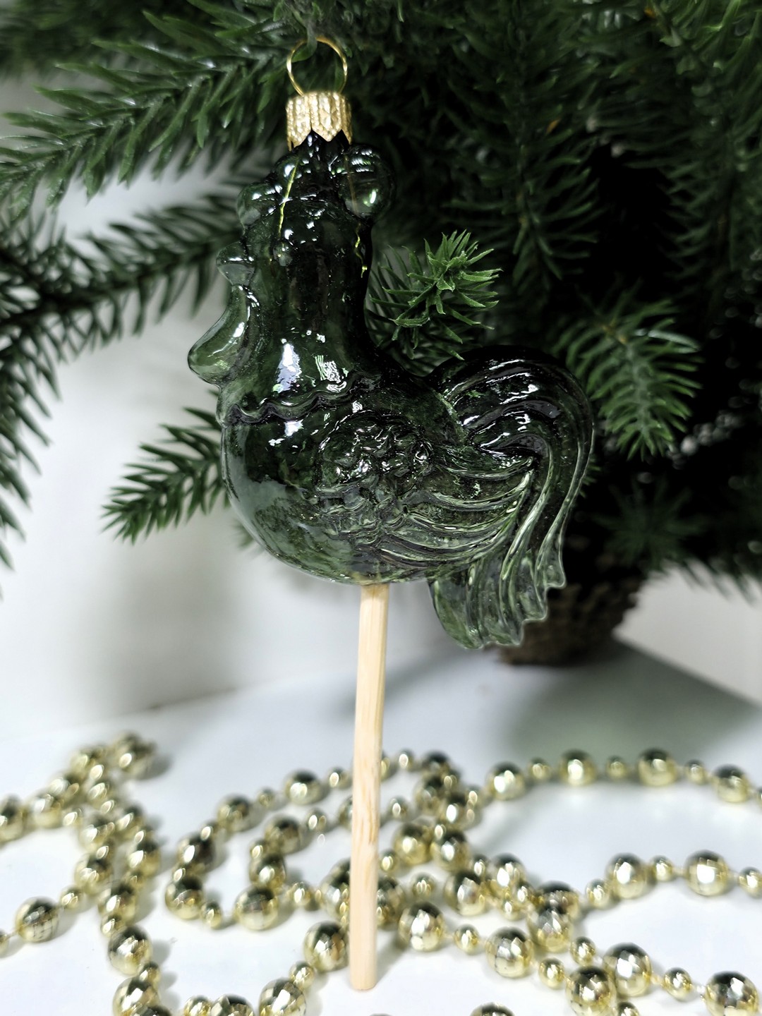 фото Стеклянная елочная игрушка Петушок на палочке