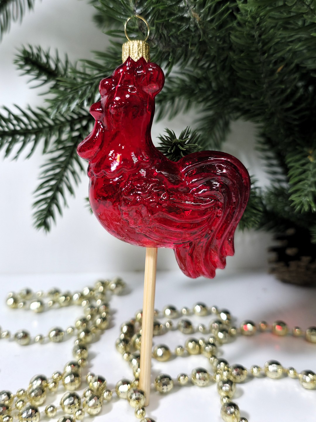 фото Стеклянная елочная игрушка Петушок на палочке