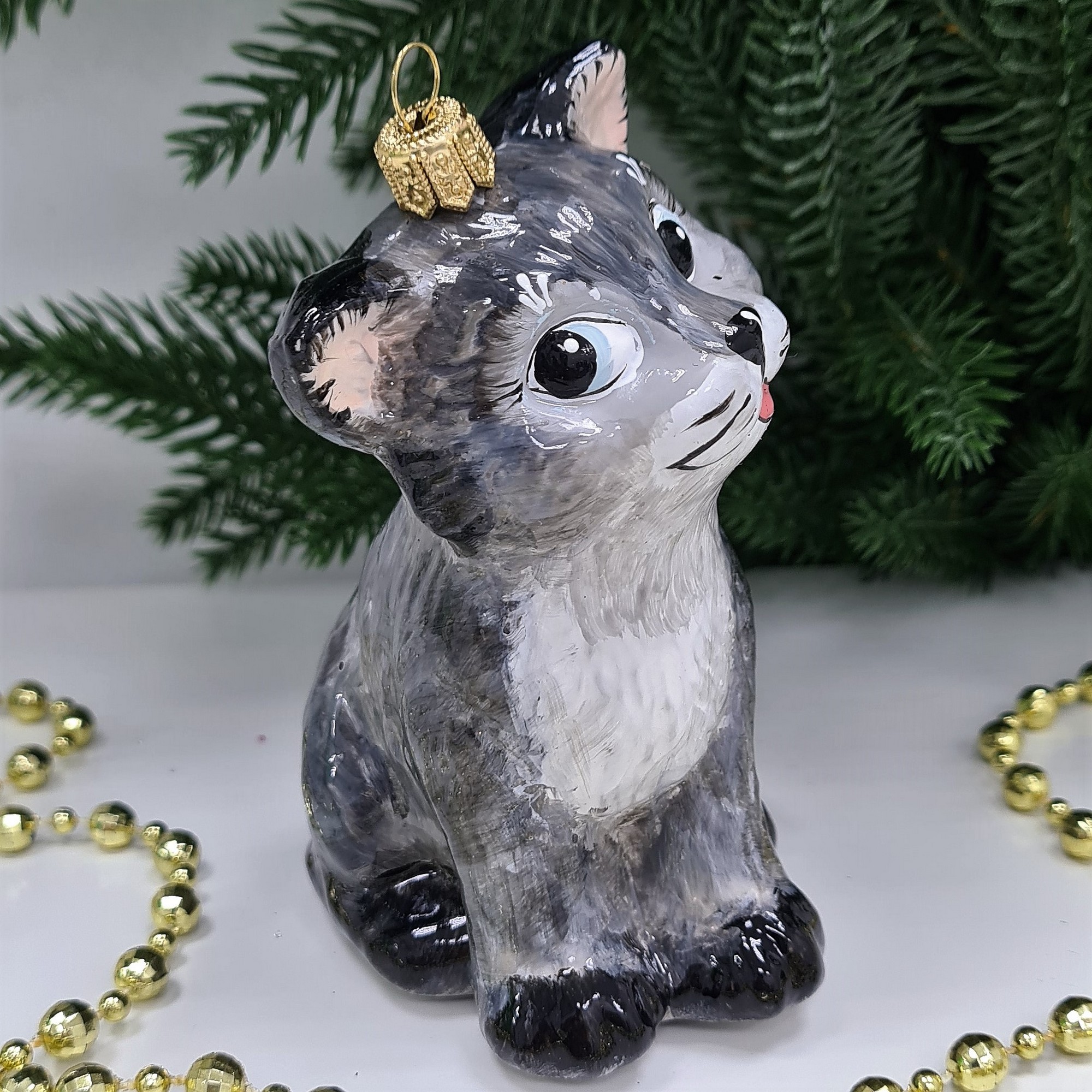 фото Стеклянная елочная игрушка Серый котик