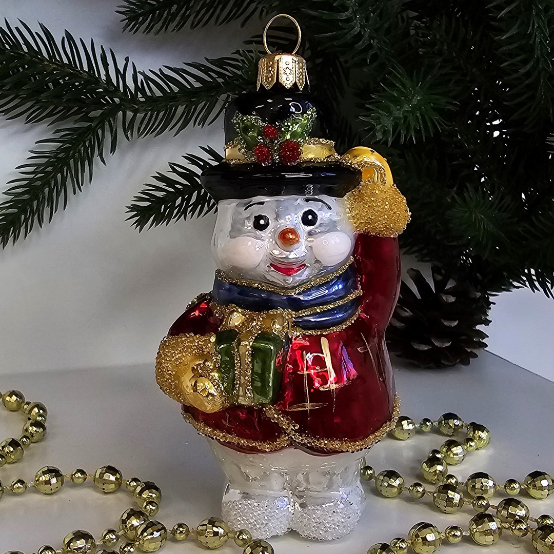 фото Стеклянная елочная игрушка Снеговик