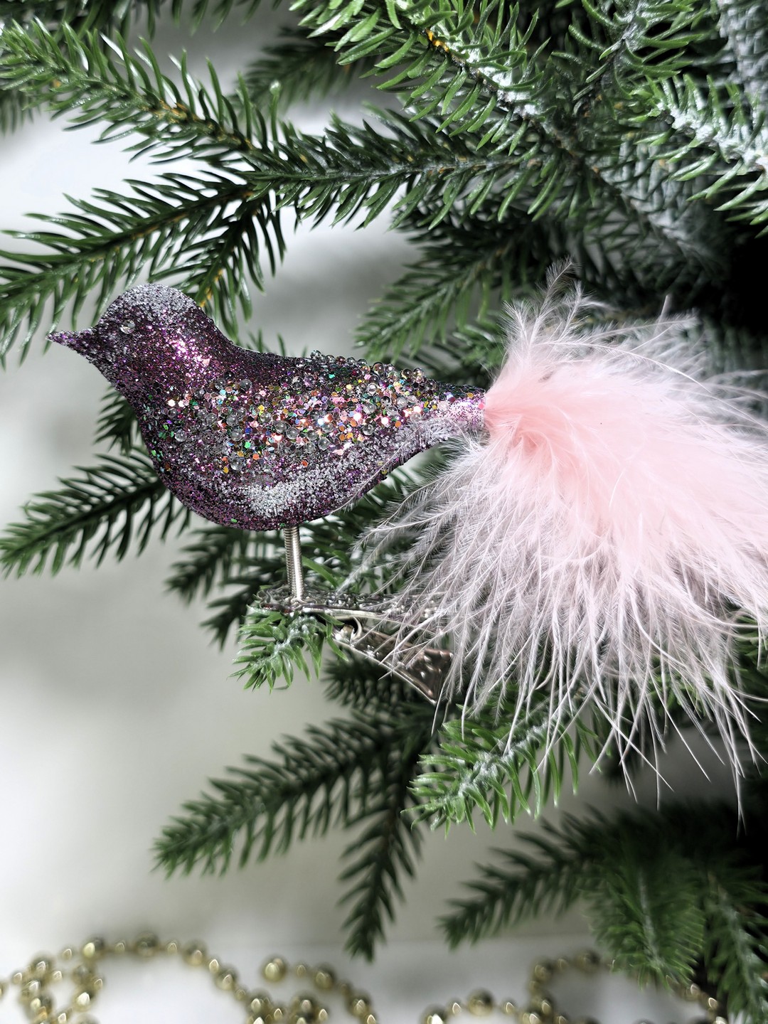 фото Стеклянная елочная игрушка Птичка на прищепке