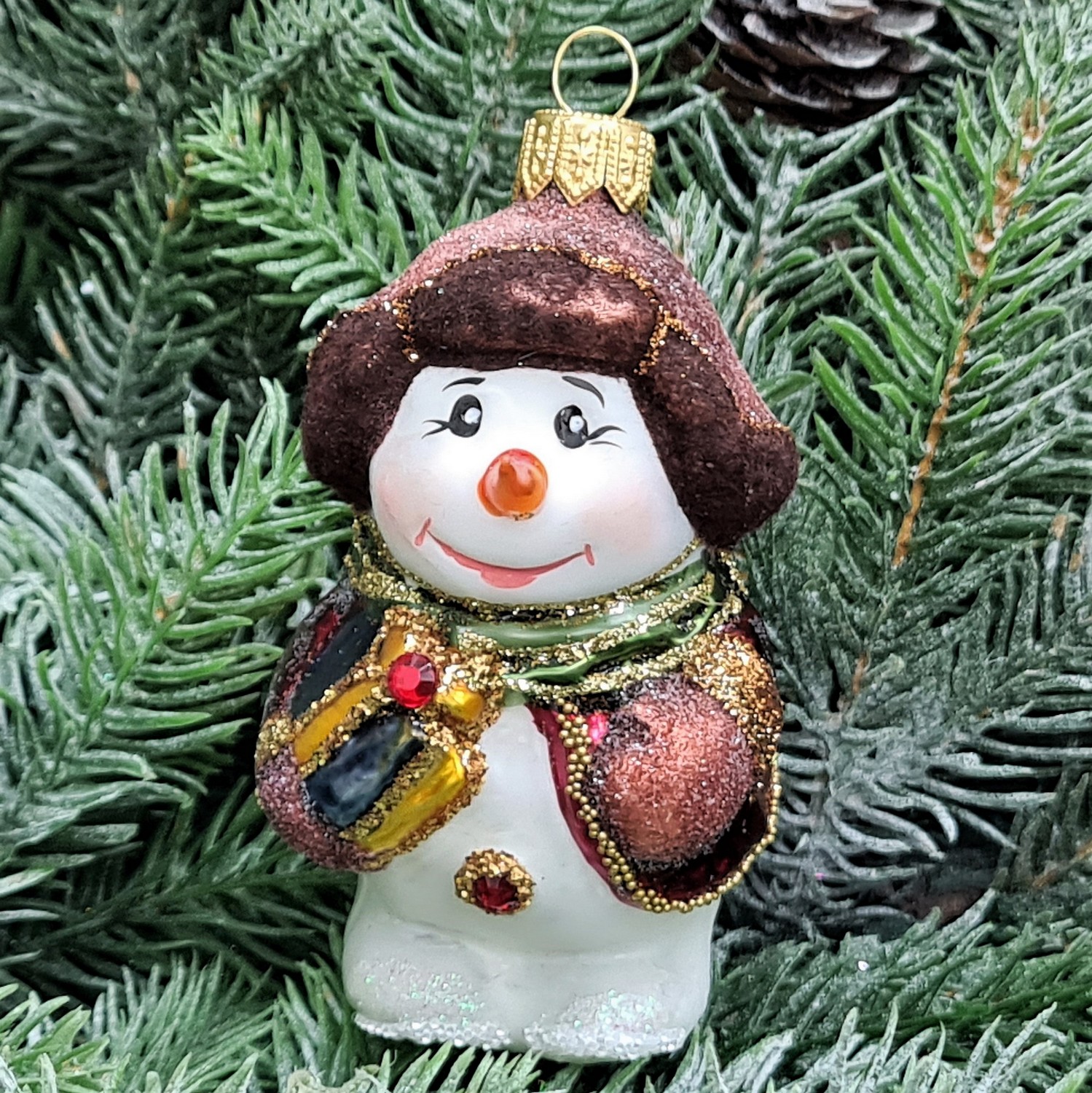 фото Стеклянная елочная игрушка Снеговик с подарком винтаж