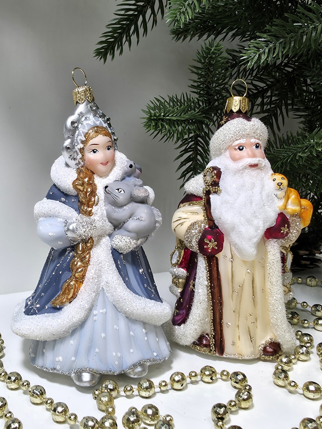 фото Набор ёлочных игрушек Дед Мороз с белкой и Снегурочка с зайцем