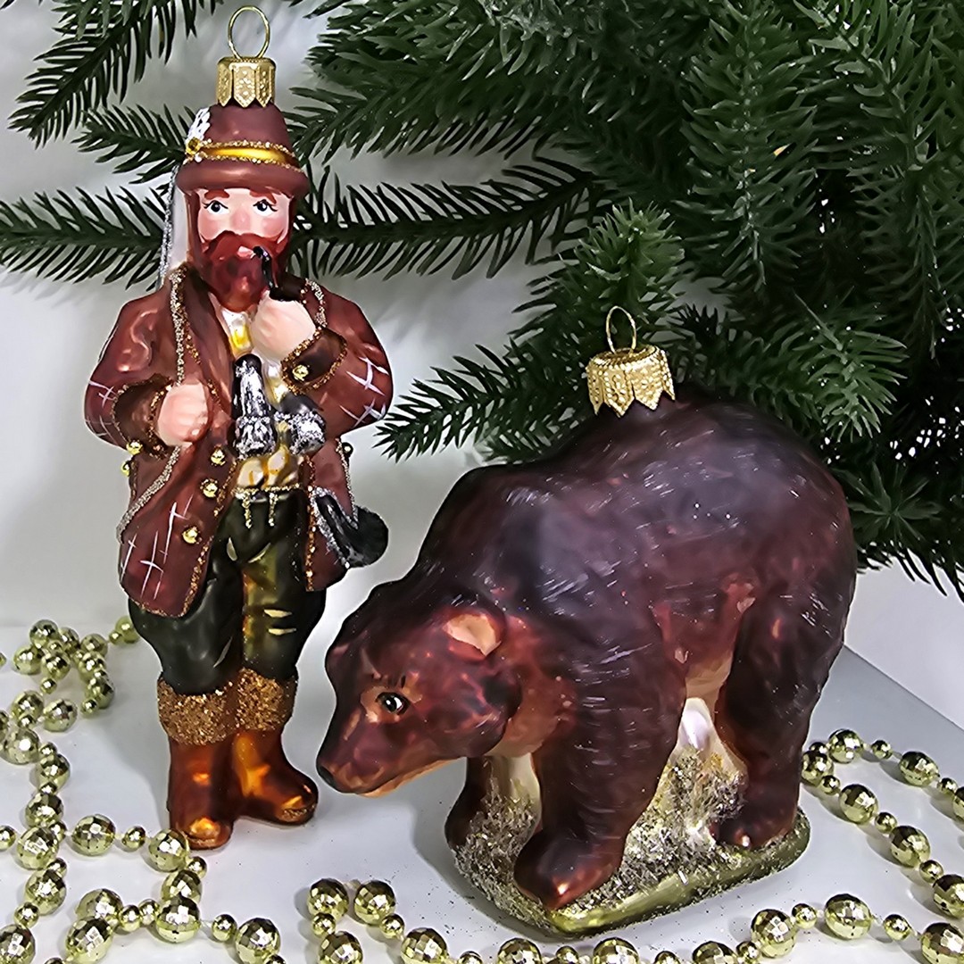 фото Набор стеклянных ёлочных игрушек Irena-Co Охотник - 14х5,5х4,5, Медведь - 9х11,5х5,5